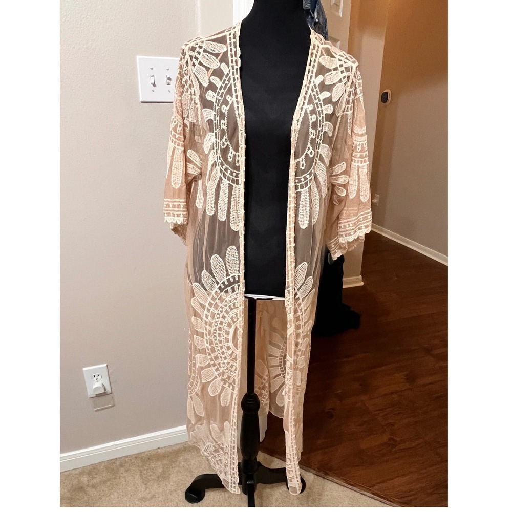 Rebellion Again Tan Embroidered Lace Duster Cardigan Womens‎ Medium Boho Long
